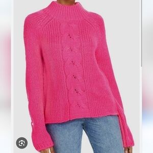 Aqua Cable Knit Balloon Sleeve Hot Pink Sweater